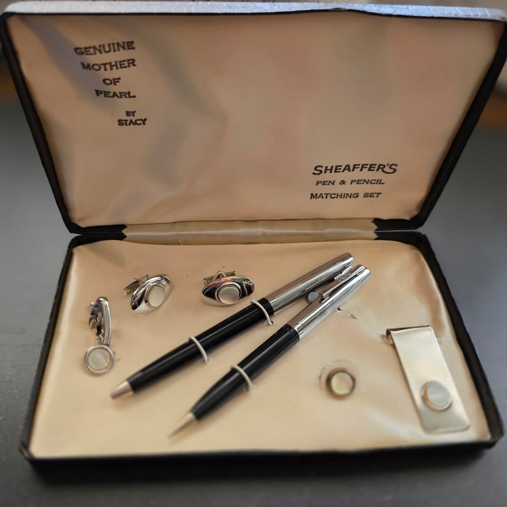 Sheaffer's Pen Pencil Set Silver Black Mother of Pearl Cufflink Money Clip Set